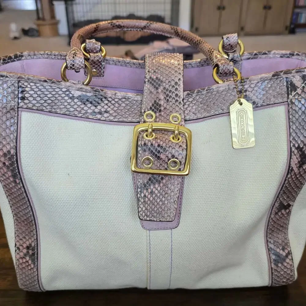 Coach Canvas and Snakeskin Trim Boxy Tote Handbag